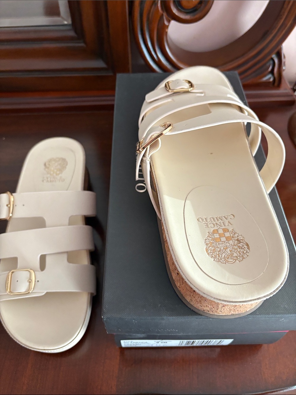 Vince Camuto Cream Slide Sandals with Gold Buckles